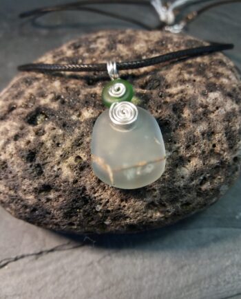 Upcycled Safety Glass Pendent with Green Glass Bead