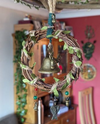Brass Bell Rattan Ring Witch Wreath for Protection with Pagan Charms (Green)
