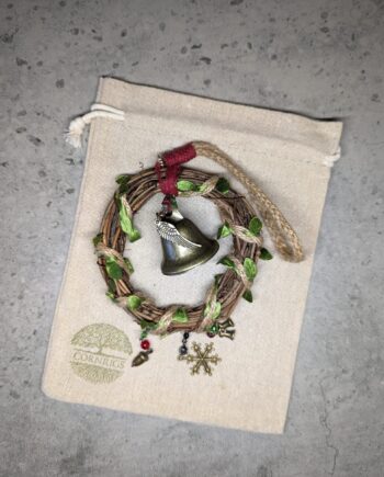 Rattan Ring Witch Protection Wreath with jute chord, leaf twine, brass witch bell and amulets