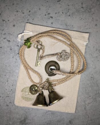 Brass Witch Bells for Protection with pagan amulets, hagstone and Key Charm